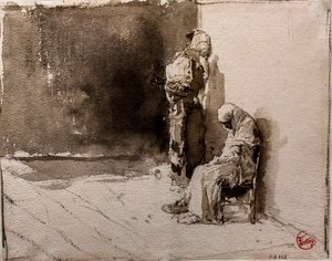Dois mendigos árabes numa esquina (tinta sobre papel)
