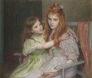 Duas meninas, sentando um banco