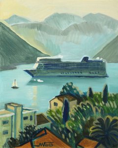 Vista de um navio de cruzeiro na costa de Marina Gorkaeva
