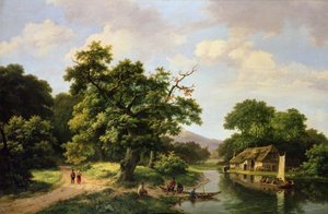 Paisagem de rio arborizada com camponeses descarregando uma balsa