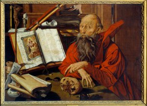 Saint Jerome Meditant - Pintura (Vanita) de Marinus Claeszoon van Reymerswaele (1493 - 1567) Ec. Hol.