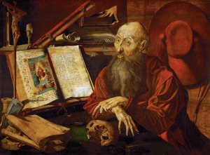 Saint Jerome dans sa cellule - Saint Jerome in his Cell, de Reymerswaele, Marinus Claesz, van (ca. 1490-após 1567). Óleo sobre madeira, ca. 1545. Dimensão : 80x108 cm. Museu de História de Arte, Vienne