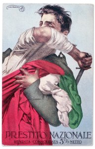 Um soldado italiano defende a Tricolor com uma espada desembainhada. Cartão postal de propaganda do Empréstimo Nacional, c.1915-18 (postal)