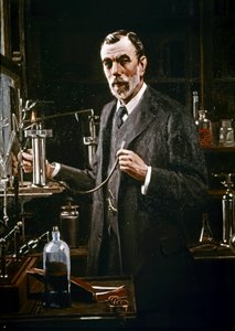 Sir William Ramsay no seu laboratório de Mark Richard Milbanke