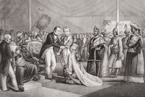 Grande Durbar em Cawnpore após a Supressão da Revolta do Sepoy, 1858, de "Ilustrações da História Escocesa e Inglesa", Volume II