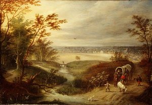 Uma extensa paisagem arborizada com um vagão em um vau de Marten (attr. to) Ryckaert