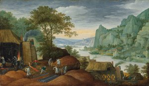 Uma paisagem rochosa com figuras de uma fundição de ferro, um rio e casas na margem além