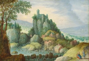 Paisagem panorâmica com um rio, um castelo num afloramento rochoso e um moinho de água em baixo
