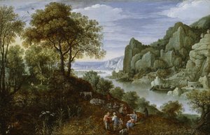 Paisagem do rio com mineração, 1620-29