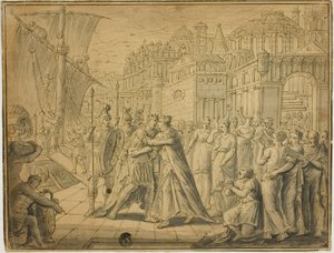 Dido e Enéias abraçados diante dos portões de Cartago de Marten de Vos