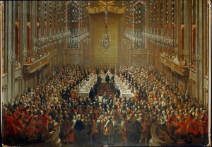 Banquete por ocasião do casamento do Imperador José II e Isabel de Parma, em 10/06/1760. Com Mozart de pé na orquestra de Martin (and studio) Mytens or Meytens