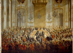 Banquete oficial organizado para o casamento da Princesa Isabel de Parma com o Imperador José II, em 10/06/1760. Detalhe (pintura) de Martin (and studio) Mytens or Meytens