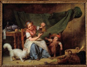 A Mulher e o Rato Uma menina segura um apanhador de ratos na frente do gato e de um bebê. Pintura de Martin Drolling (1752-1817) 1798 Sun. 0,25x0,35 m Orleans. Museu de Belas Artes