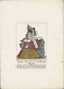 De Franse dwerg Madame Palatinelle, ca. 1710
Madame Palatinelle, na grande Galla Hauben, Mantille e Cul de Paris auffgepützt (título sobre o objecto)
Il Callotto resurcitato oder Neu eingerichtes Zwerchen Cabinet (título da série) de Martin Engelbrecht (attributed to)