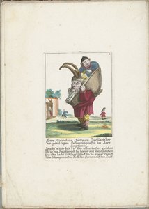 De dwerg Cornelius Guttman como hoorndrager, cerca de 1710 Sr. Cornelius Guttman, o bêbado da guilda de pacientes cornos, amarrado em uma cesta (título no objeto) Il Callotto resurcitato ou Armário Pequeno Recém Mobilado (título da série) de Martin Engelbrecht (attributed to)