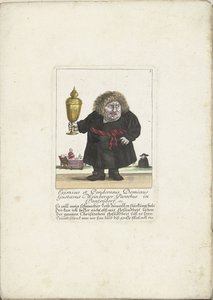 O anão Gustavus Weinberger como clérigo com uma taça, c. 1710 Eximius et Ponderosus Dominus Gustavus Weinberger Paróquia em Panzendorf, etc. (título no objeto) Il Callotto resurcitato oder Neu eingerichts Zwerchen Cabinet (título da série) de Martin Engelbrecht (attributed to)