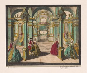 Vista do interior de um palácio, com várias senhoras e senhores ricamente vestidos de Martin Engelbrecht