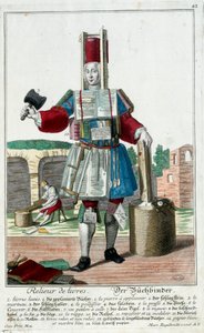Metier: Um encadernador de livros. Gravura de Martin Engelbrecht (1684-1756), em "New assembly of the manouvries habilles", século XVIII, Alemanha. Paris, Artes Decorativas de Martin Engelbrecht