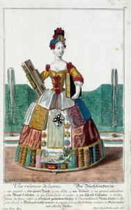 Metier: Um encadernador de livros. Gravura de Martin Engelbrecht (1684-1756), em "New assembly of the manouvries habilles", século XVIII, Alemanha. Paris, Artes Decorativas de Martin Engelbrecht