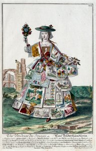 Metier: Uma vendedora de imagens. Gravura de Martin Engelbrecht (1684-1756), em "New assembly of the manouvries habilles", século XVIII, Alemanha. Paris, Artes Decorativas de Martin Engelbrecht