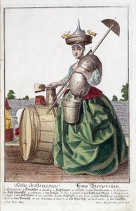 Representação da esposa de uma cervejeira, carregando um funil na cabeça, um saco de grãos, uma tigela, um balde, um barril de cerveja. Gravura de Martin Engelbrecht (1684-1756)