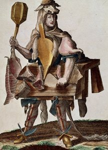 O açougueiro, gravura de Assemblage des nouveau manouvries habilles Martin Engelbrecht (1684-1756), Alemanha de Martin Engelbrecht