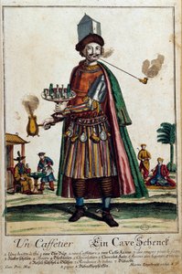 A cafeteira: um homem que usa uma cafeteira e um serviço. Gravura de Martin Engelbrecht (1684-1756) Paris do século XVIII, Artes Decorativas