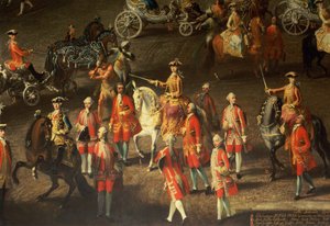 Uma Cavalgada na Escola de Equitação de Inverno do Hof de Viena para celebrar a derrota do exército francês em Praga, em 1743 (detalhe, mostrando Maria Teresa, Imperatriz da Áustria, montada em um cavalo cinza) (detalhe