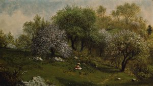 Garota em uma encosta, flores de macieira de Martin Johnson Heade