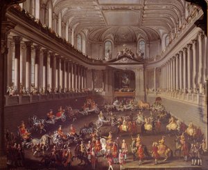 Carrossel do manège espanhol de Viena para celebrar a derrota francesa em Praga em 1763, Marie Therese da Áustria (1717-1780) está representada no cavalo branco Pintura da escola de Martin Meytens (1695-1770) Viena do século XVIII. Kunsthistorische Mus