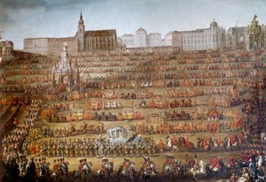 Entrada de Maria Isabel de Bourbon Parma (1741-1763) em Viena por ocasião do seu casamento com o Imperador José II da Áustria (1741-1790), ao fundo, a igreja dos Agostinhos e a biblioteca da corte Um grande cortejo é organizado através