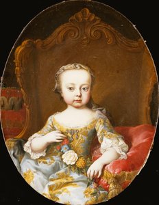 Retrato de sua irmã, a arquiduquesa Maria Christine, sentada, de três quartos, em um vestido azul bordado em ouro, segurando uma guirlanda de flores,