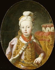 Retrato do arquiduque José, mais tarde imperador José II da Áustria, meio comprimento, em uma jaqueta de veludo rosa bordada a ouro com guarnição de arminho, um boné de penas adornado com broche e vestindo a ordem do tosão de ouro,