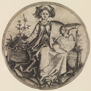 Senhora sentada segurando um escudo com um Unicórnio, ca. 1435-1491., ca. 1435-1491. de Martin Schongauer