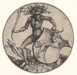 Escudo com Galgo Realizado por Homem Selvagem, ca. 1435-1491. de Martin Schongauer