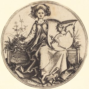 Escudo com unicórnio, segurado por uma mulher de Martin Schongauer