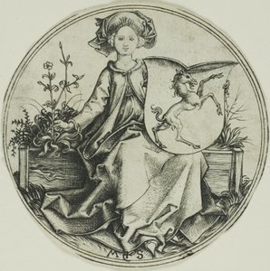 Escudo com um unicórnio, segurado por uma senhora de Martin Schongauer