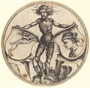 Escudos com cabeça de coelho e mouro, em posse do homem selvagem de Martin Schongauer