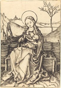 Virgem e criança em um banco gramado de Martin Schongauer
