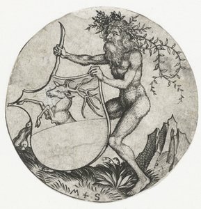 Brasão com um veado, segurado por um homem selvagem com um clube Figuras com brasões (título da série) de Martin Schongauer