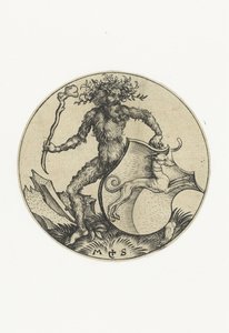 Brasão de armas com um cão segurado por um homem selvagem com um clube
Figuras com brasões de armas (título da série) de Martin Schongauer