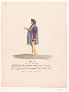 Kostuum van de dauphin Karel van Valois uit de tragedie Marcel Carlos, Duque da Normandia (título no objeto) Theaterkostuums (título da série) Teatro Francês: coleção de figurinos de MM. J. Alaux e L. Duponchel de desenhos manuscritos na Bibliot de Martin Sylvestre Baptiste