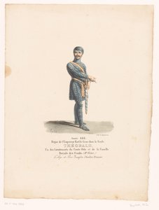 Kostuum van Ridder Théobald uit de tragedie O Cerco de Paris Theobald (título no objeto) Theaterkostuums (título da série) Teatro Francês: coleção de figurinos de MM. J. Alaux e L. Duponchel de desenhos manuscritos na Comédie Library de Martin Sylvestre Baptiste