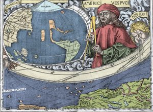VESPUCCI, Amerigo (1454-1512). Explorador italiano e cartografia em "Waldseemuller map ou Universalis Cosmographia - (Cosmografia Universal) - Waldseemuller Planisphere" - 1507 -