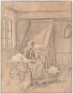 Casa de fazenda com menina cardando lã de Martinus Rørbye