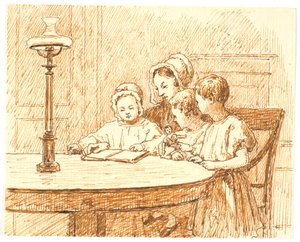 Uma mãe mostra a três crianças um livro de Martinus Rørbye