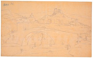 Paisagem italiana com uma ponte sobre um rio e a cidade de Subiaco ao fundo de Martinus Rørbye