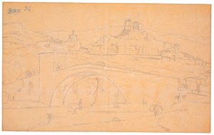 Paisagem italiana com uma ponte sobre um rio e a cidade de Subiaco ao fundo de Martinus Rørbye