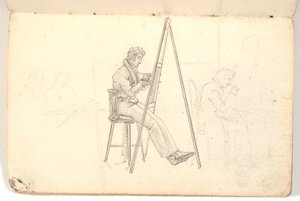 Artista em cavalete, bem como esboços de figuras ao fundo de Martinus Rørbye