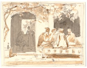 Orientais em um jogo de xadrez do lado de fora de uma cafeteria e barbearia turca de Martinus Rørbye